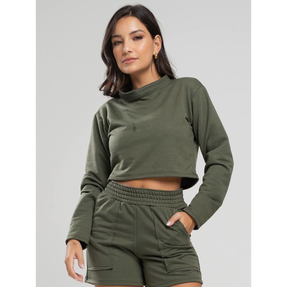 Casaco Cropped Manga Longa Moletinho Feminino Moda Casual