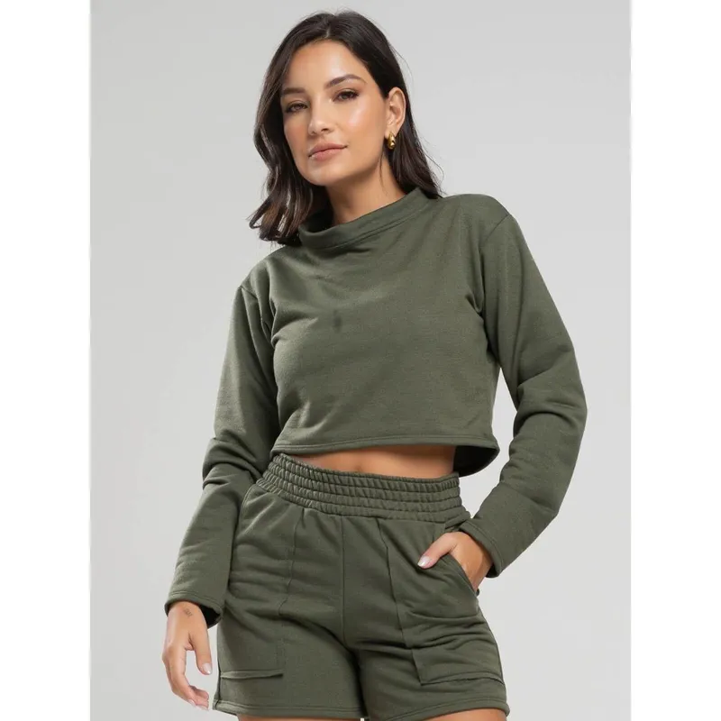 Casaco Cropped Manga Longa Moletinho Feminino Moda Casual