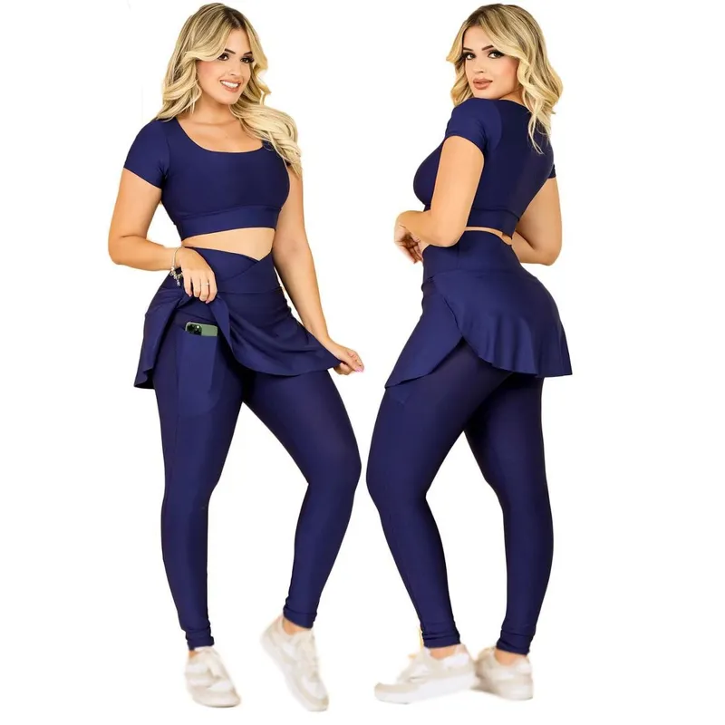 Conjunto Fitness Calça Legging Saia Com Bolso E Top Cropped Academia Moda Evangélica The Start