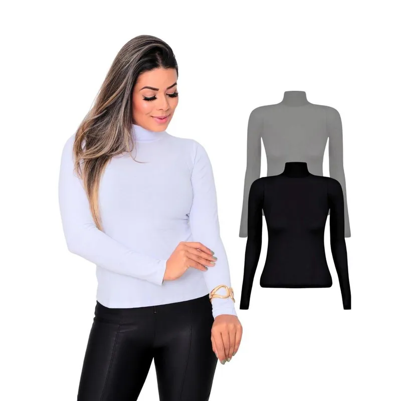 Kit 2 Blusas Femininas Manga Longa Gola Alta Viscolycra