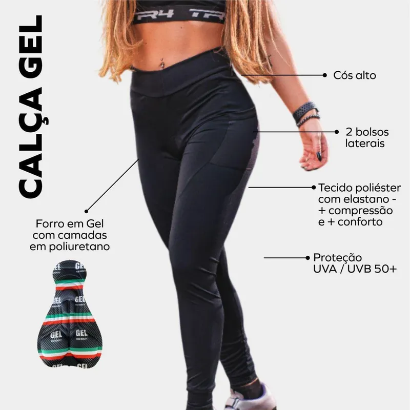 Calça de Ciclismo Feminina Forro de Gel Confortável Proteção Solar UV50+ Profissional