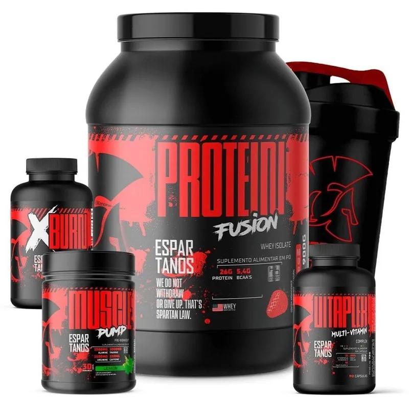 Combo Whey Protein Fusion + Pré Treino + Termogênico + Vit + Shaker - Espartanos