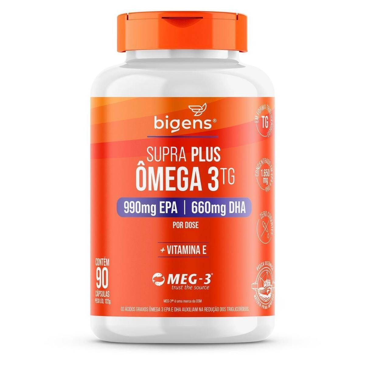 Ômega 3 Supra Plus 990mg EPA 660mg DHA + Vitamina E 90 Caps - Bigens