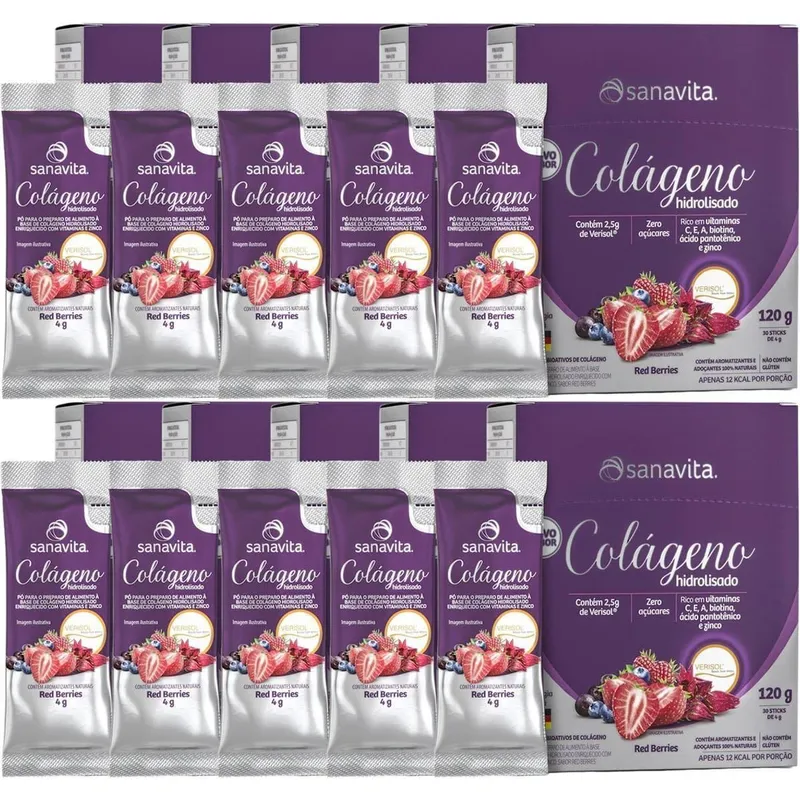 Kit 10X Colágeno Verisol Hidrolisado - 30 Sticke de 4g Red Berries - Sanavita