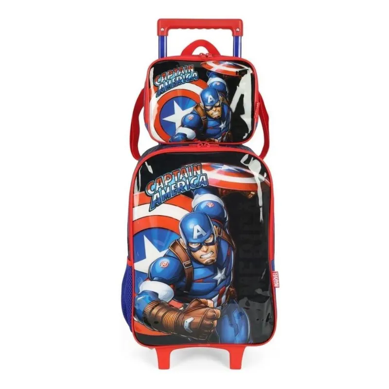Kit Mochila Carrinho escolar infantil + lancheira Capitão América Original