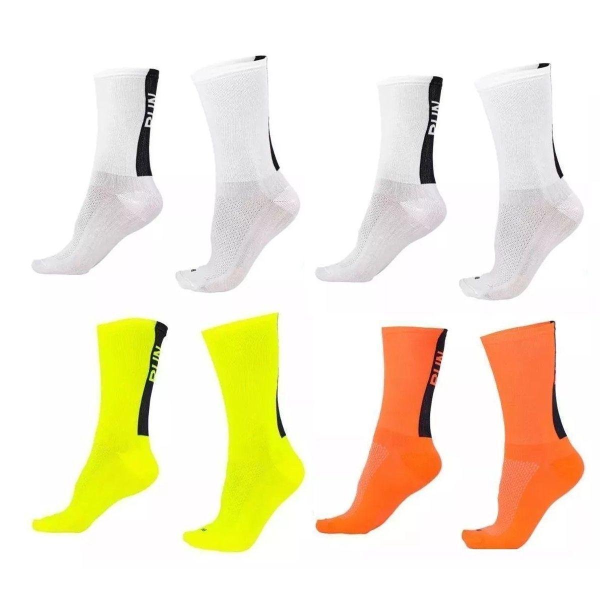 Kit 04 Pares Meia De Corrida Running Run B.v. Cano Médio - BRANCO/AMARELO 36-42