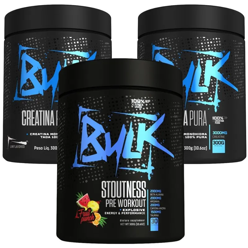 Kit 2x Creatina Monohidratada 100% Pura 300g + Pré Treino 300g Com Beta Alanina Taurina Cafeína Bulk