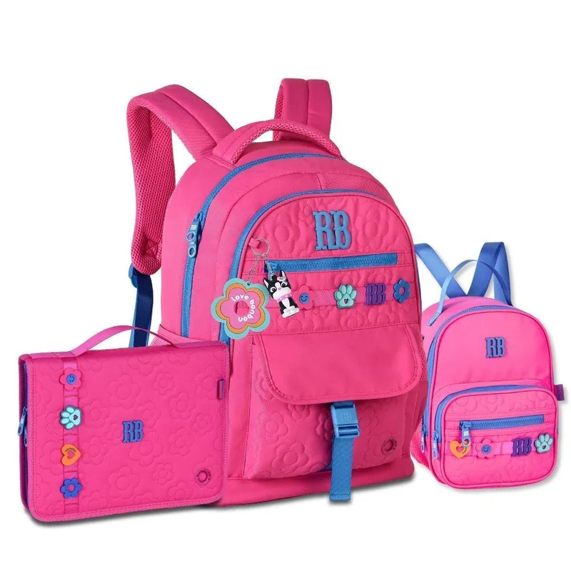 Mochila Com Lancheira e Estojo Fichário Kit Moderno Jovem RB