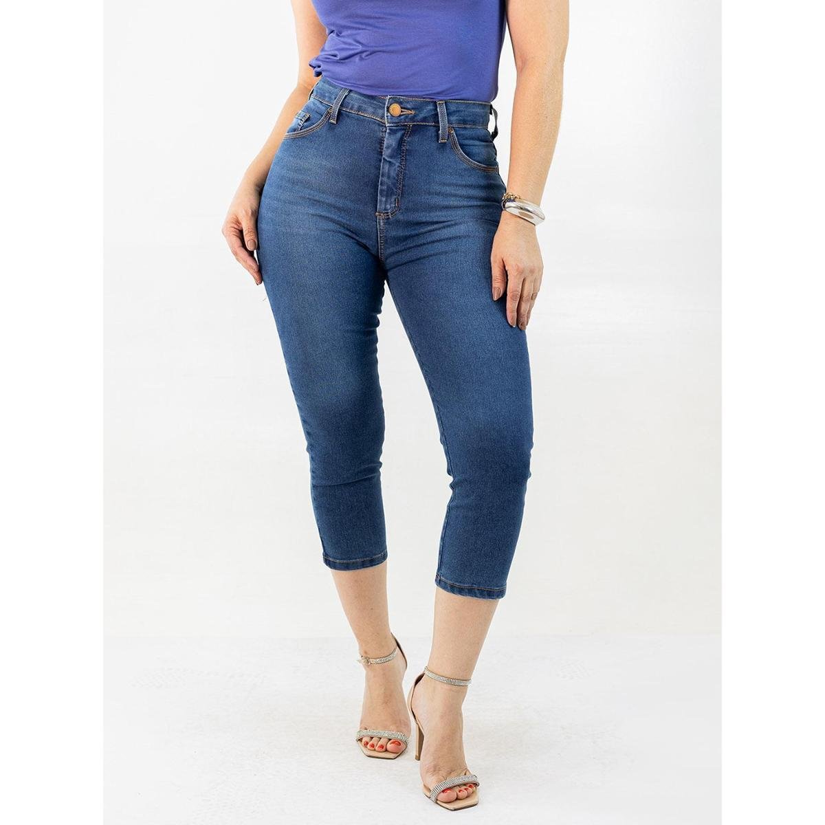Calça Feminina Capri Jeans Azul Alto Elastano Anticorpus