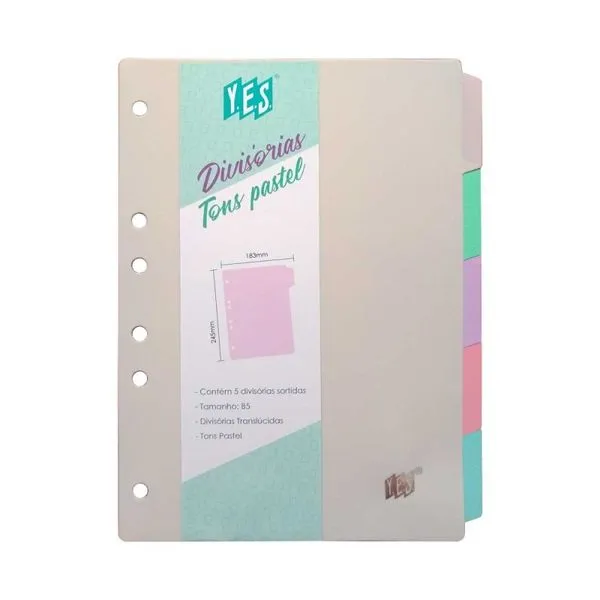 Divisória Fichário 5 Divisões B5 Colorida Tons Pastel