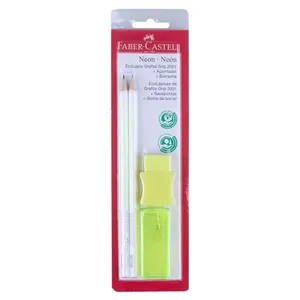 Kit Escolar Faber-Castell Ecolápis Grip Amarelo Neon Colors com 2 Lápis + 1 Borracha + 1 Apontador