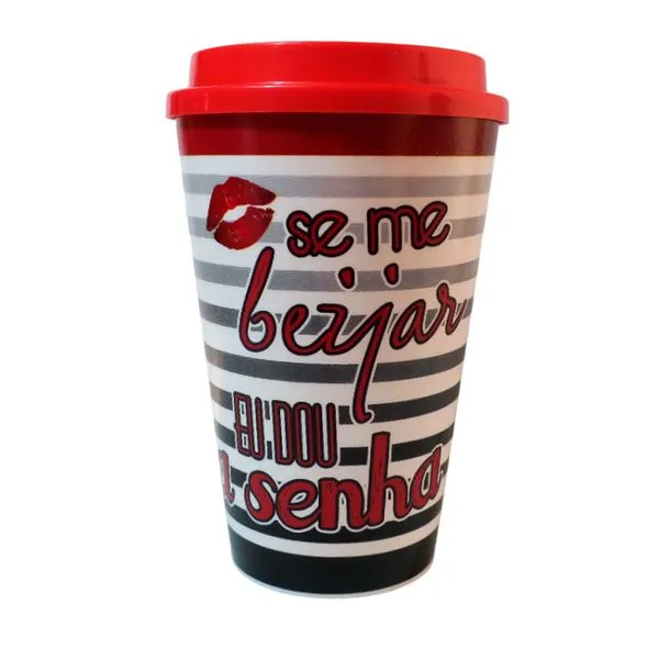 Copo com Tampa Frase "Se Me Beijar" em Plástico 650ml TUR012 - Turquesa
