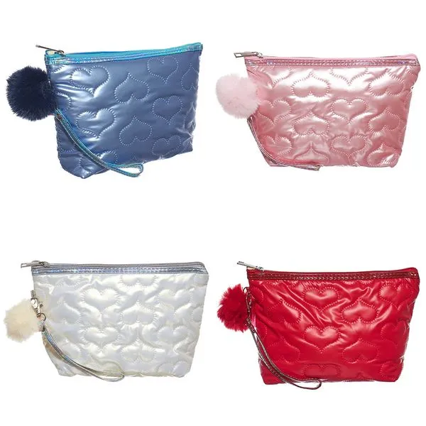 Necessaire Com Pompom Trapézio Alça de Mão Removivel Costura Coração Poliéster Sortida NS2302 - Qualis