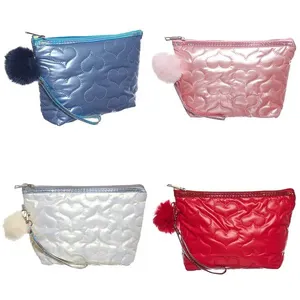 Necessaire Com Pompom Trapézio Alça de Mão Removivel Costura Coração Poliéster Sortida NS2302 - Qualis