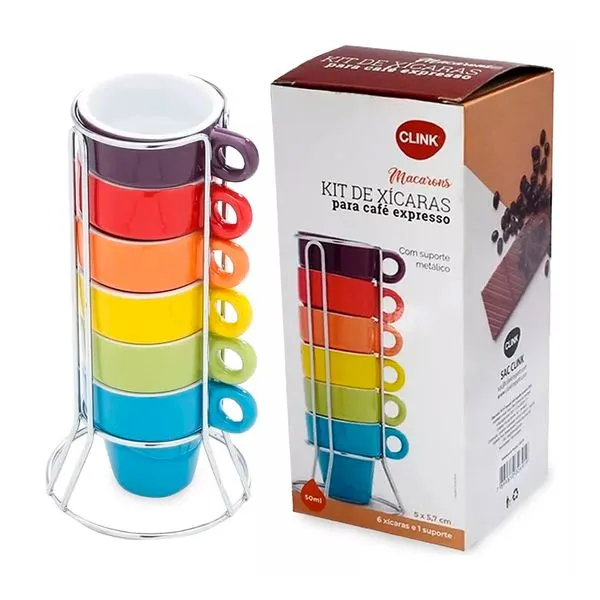 Kit 6 Canecas Café Suporte Cerâmica 50ml Coloridas CK3374 - Clink
