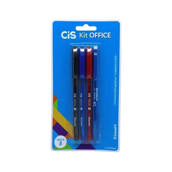 Kit Escrita Office Cis Multicor com 3 Canetas Basic e 1 Lapiseira 0.7mm