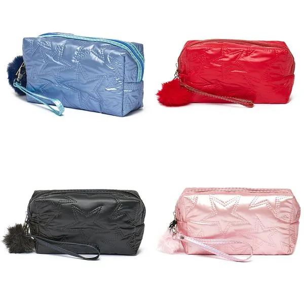 Necessaire Com Pompom Retangular Alça de Mão Removível Costura Estrela Pvc Sortida NS2390 - Qualis