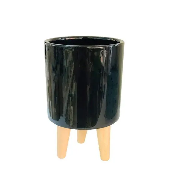 Vaso Cachepot Porcelana Preto Brilhante com Pé de Madeira AQ105601 - Brascontinental