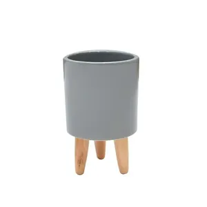 Vaso Cachepot Porcelana Cinza Brilhante com Pé de Madeira AQ348561 - Brascontinental