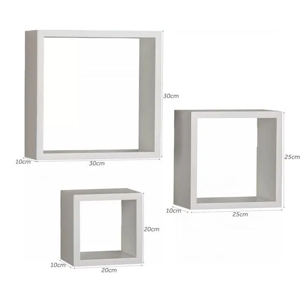 Kit Nichos MDF Branco com Suportes 3 Peças 20x20x10/ 25x25x10/ 30x30x10cm - Madeira Forte