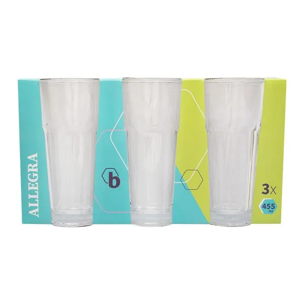 Conjunto Copos Água Allegra 455ml Vidro 3 Peças 8,5x6,3x16cm B0414 - bee