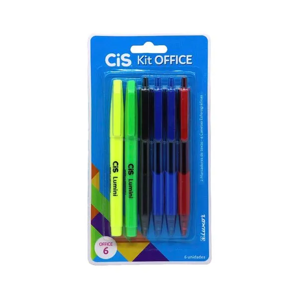 Kit Escolar Office 6 Com 4 Canetas Linea + 2 Marca Textos Lumini - Cis
