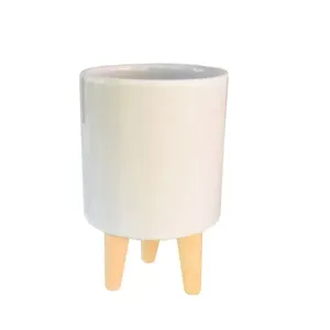 Vaso Cachepot Porcelana Branco Brilhante com Pé de Madeira AQ105531 - Brascontinental