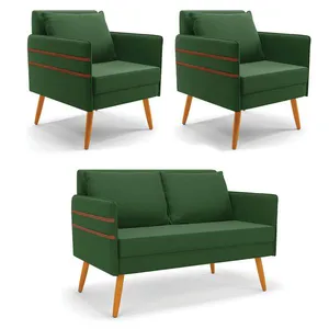 Kit 1 Namoradeira 02 Lugares e 2 Poltronas Mari Suede Pés Palito Castanho - D'Rossi Verde