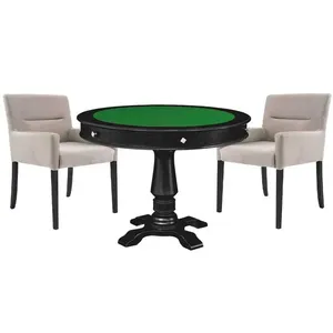 Mesa de Jogos Carteado Victoria Redonda Tampo Reversível Preto com Kit 2 Cadeiras Vicenza Nude G36 G15 - Gran Belo