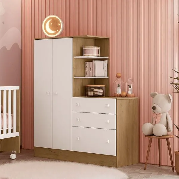 Guarda-Roupa Solteiro 2 Portas Qmovi Doce Sonhos | Carvalho/Branco