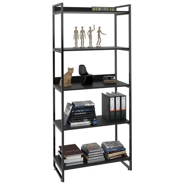 Estante Multiuso 5 Prateleiras Escritório Estilo Industrial Form C01 187x80 cm Preto Onix - Lyam Decor