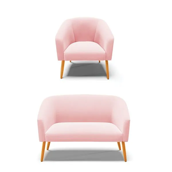 Sofá Namoradeira e Poltrona Pé Palito Castanho Stella Suede Rosa Bebê D03 - D'Rossi