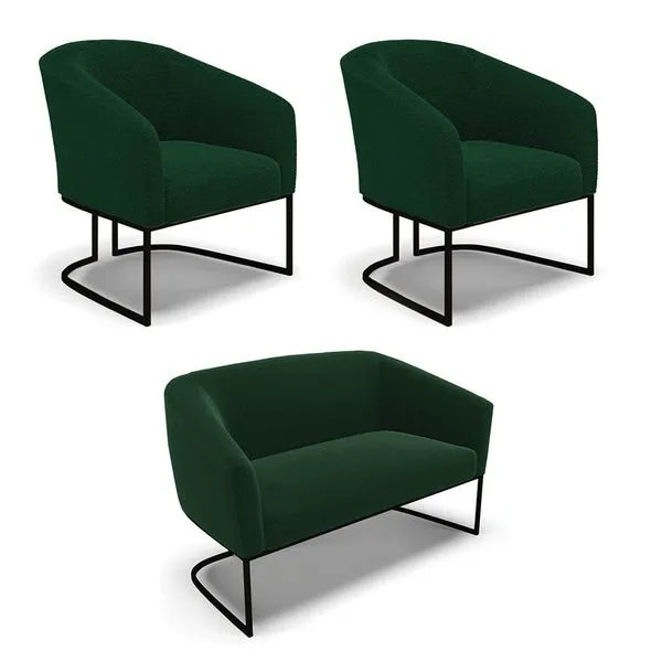 Namoradeira e 2 Poltronas Industrial Preto Stella Boucl Verde D03 - D'Rossi