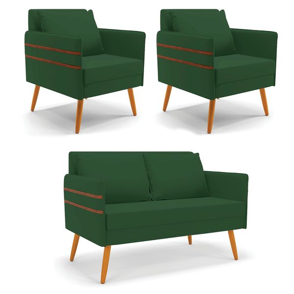 Kit 01 Namoradeira 02 Lugares e 02 Poltronas Mari Veludo Verde Pés Palito Castanho - D'Rossi