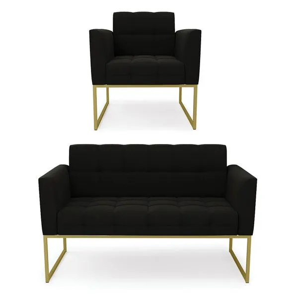 Kit 1 Sofá Namoradeira e 1 Poltrona Elisa Suede Preto Base Metálica Industrial Dourado - D'Rossi