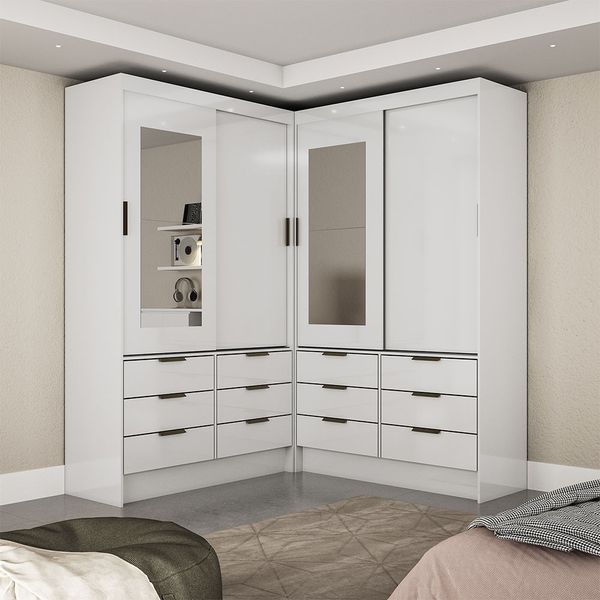 Closet Casal Duplo Sevilha 4 Portas com Espelho 12 Gavetas Carioca Móveis Branco