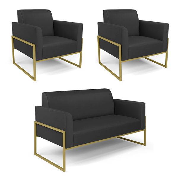 Sof Namoradeira com 2 Poltronas Base Industrial Alta Dourado Marisa Corino D03 - D'Rossi Preto