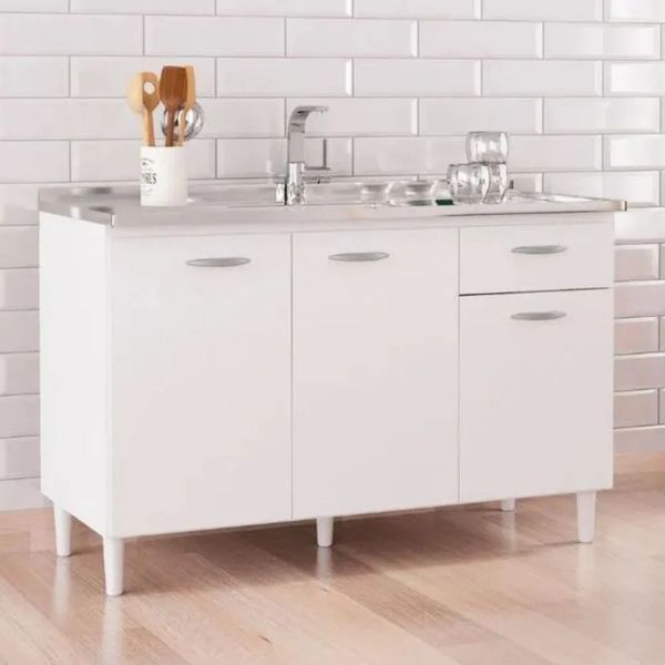 Balcão de Cozinha 120 cm 3 Portas 1 Gaveta Poquema | Branco