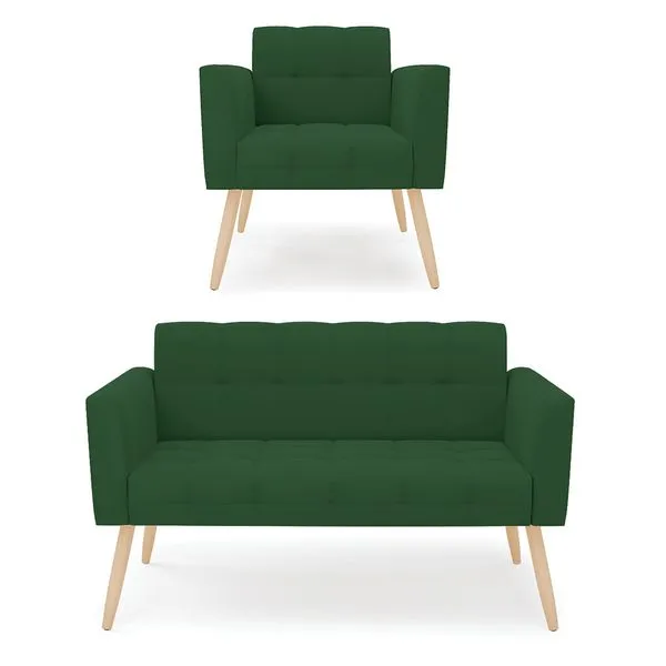 Kit 1 Sofá Namoradeira e 1 Poltrona Elisa Veludo Verde Pés Palito Natural - D'Rossi