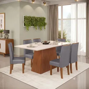 Conjunto Mesa de Jantar 80cm x 180cm 6 Cadeiras DJ Móveis | Freijo/Off White/Cinza