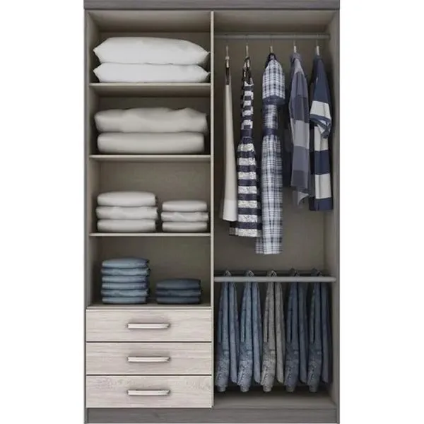 Guarda-Roupa Solteiro Henn Caju 4 Portas 3 Gavetas com Cabideiro e Prateleiras Guarda-Roupa Solteiro Caju 4 Portas 3 Gavetas Henn | Gris/Palha