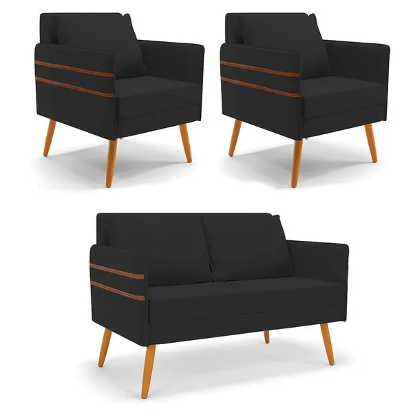 Kit 01 Namoradeira 02 Lugares e 02 Poltronas Mari Veludo Pés Palito Castanho - D'Rossi Preto