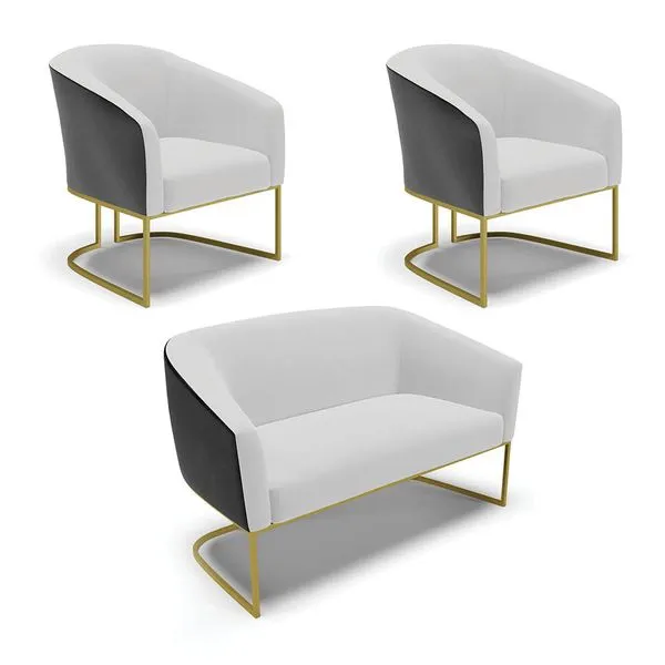 Namoradeira e 2 Poltronas Industrial Dourado Stella Pto/Linho Cinza D03 - D'Rossi