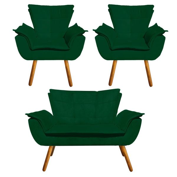 Namoradeira e 2 Poltronas Pé Palito Castanho Opala Suede Verde D03 - D'Rossi