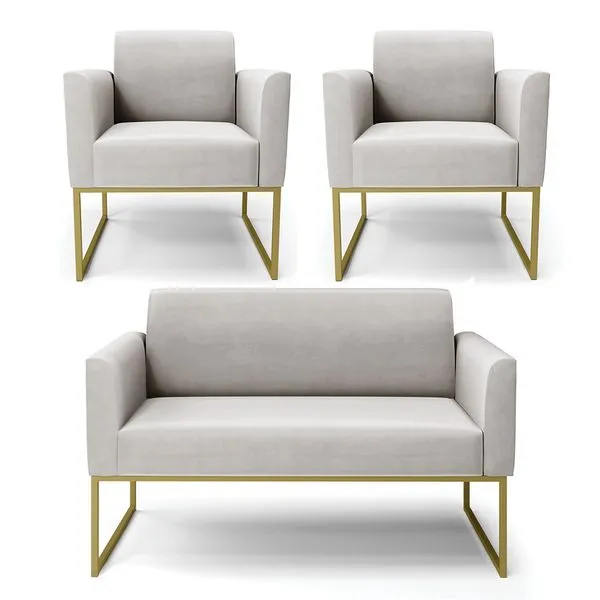Sofá Namoradeira com 2 Poltronas Base Industrial Dourado Marisa Veludo Cinza D03 - D'Rossi