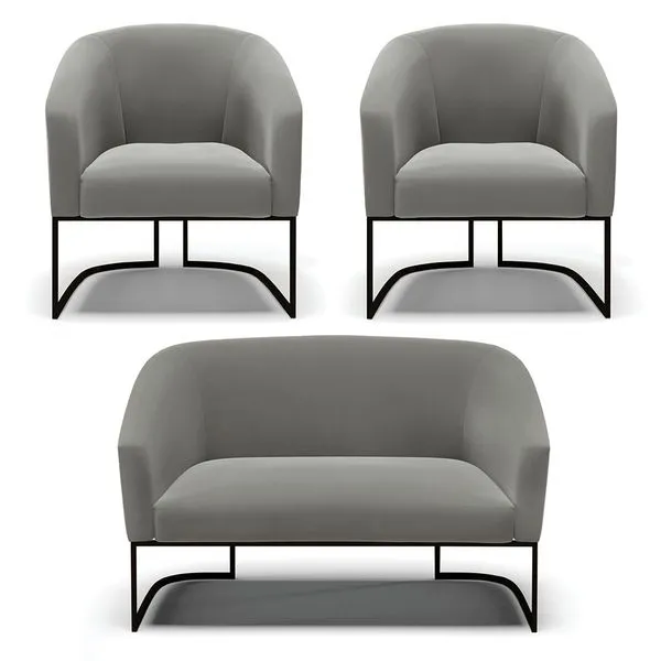 Namoradeira e 2 Poltronas Industrial Preto Stella Suede Grafite D03 - D'Rossi