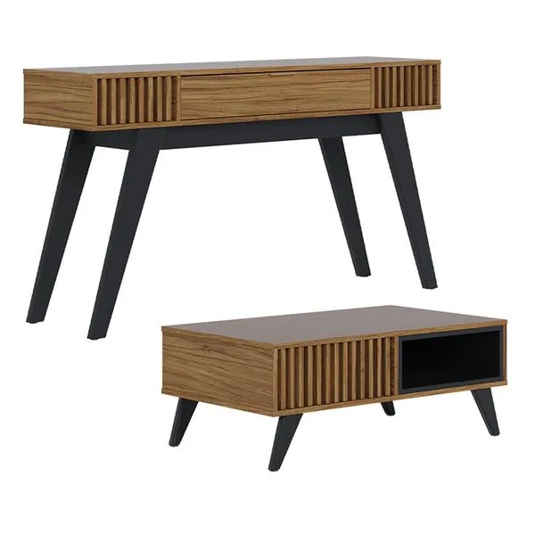 Kit Aparador Para Sala De Estar Com Mesa De Centro Delta 1 Gaveta C04 Preto Noce Milano - Lyam Decor