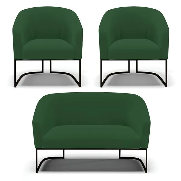 Namoradeira e 2 Poltronas Industrial Preto Stella Veludo D03 - D'Rossi Verde