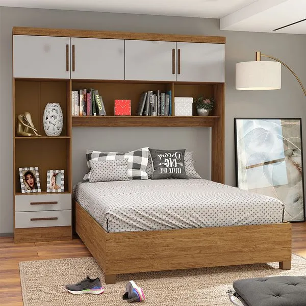 Guarda Roupa Modulado com Cama Paris 4 Portas 2 Gavetas Freijó com Off White