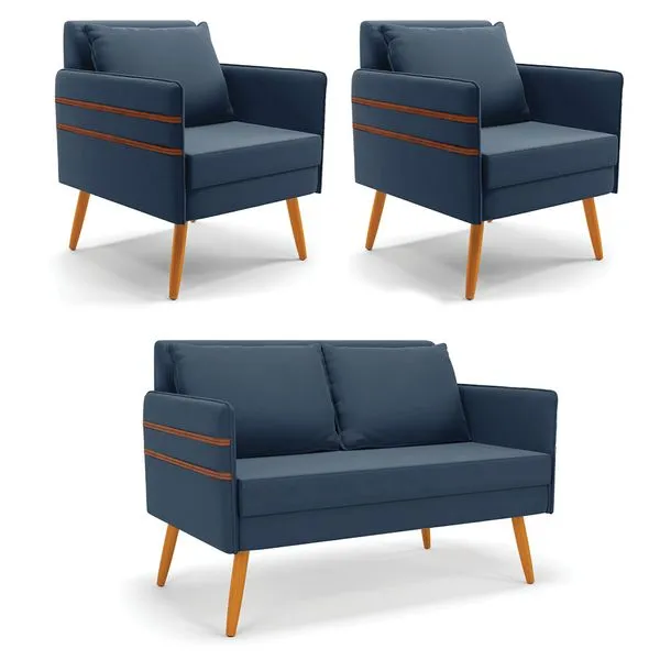 Kit 1 Namoradeira 02 Lugares e 2 Poltronas Mari Suede Azul Marinho Pés Palito Castanho - D'Rossi